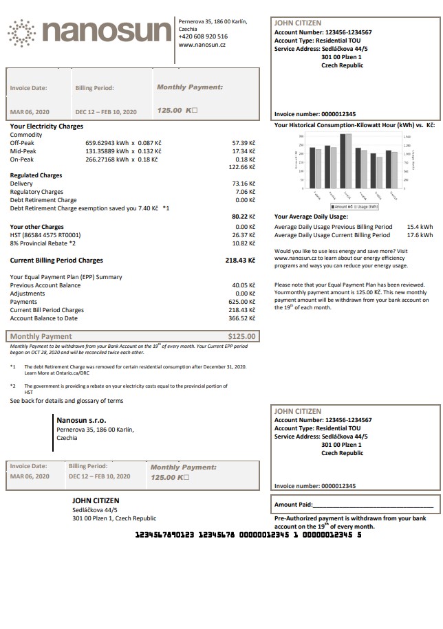 Czech Republic Nanosun s.r.o utility bill